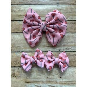 Boutique Heart Lollipop 5" Bow on Clip and Pigtail Bow Set Valentine's Day NWOT
